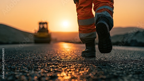 Worker walks on asphalt road at sunrise near road roller