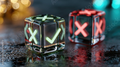 Two glowing transparent dice show opposite symbols one with checks, one with crosses