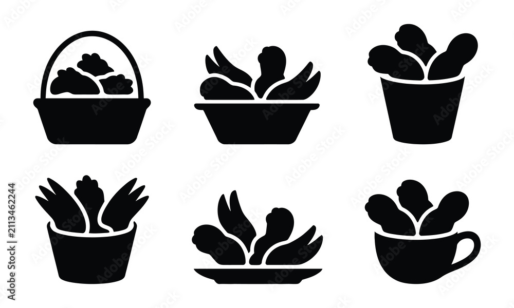Obraz premium Graphic set of black chicken wing icons in buckets plates and various bowls.
