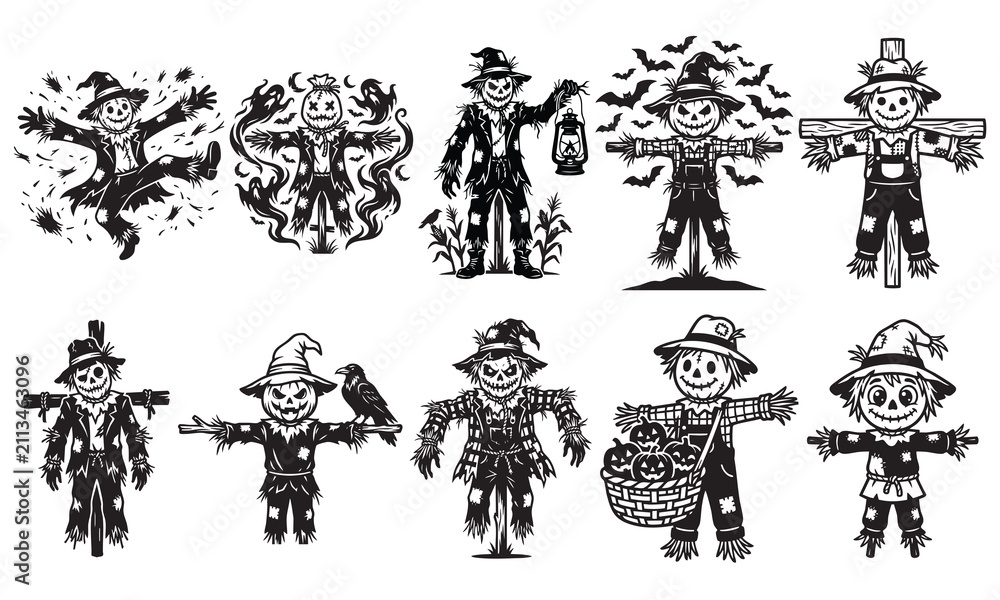 Fototapeta premium Scarecrow Silhouette Vector Set featuring Creepy Monsters, Lanterns, Bats, and Ravens