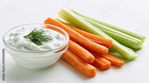 Fresh, crunchy vegetable sticks and creamy herb dip on a white background