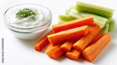 Freshly cut carrots and celery sticks served with creamy herb dip