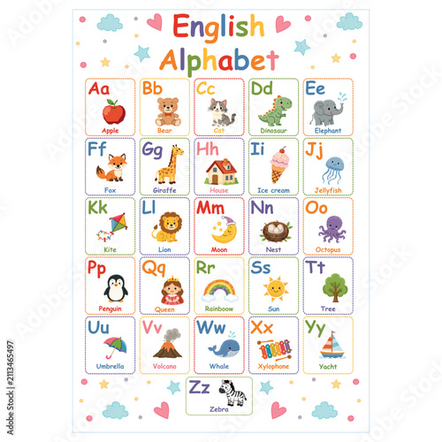 Cute English alphabet poster with animals and objects for kids vector illustration