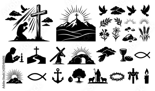 Canvastavla Praying Figure Before Cross Christian Faith Silhouette Vector Collection