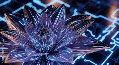 Abstract purple metallic flower bloom on circuit background.