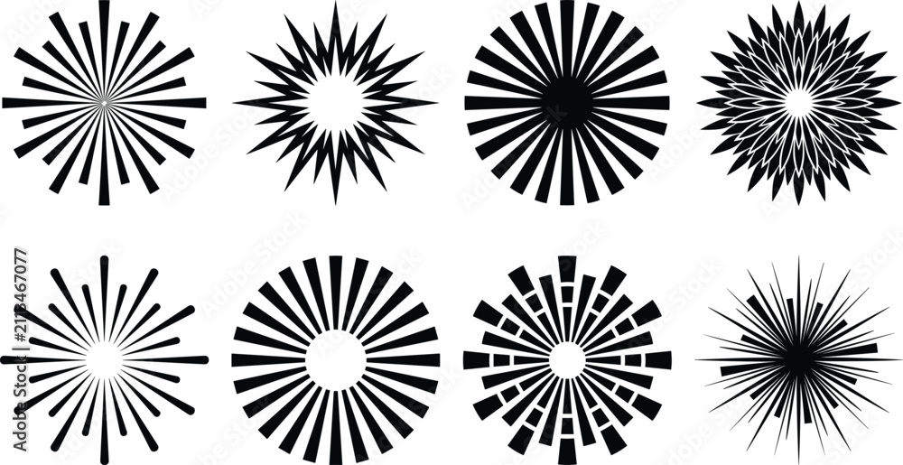 Obraz premium Set of black sunburst and starburst design elements isolated on a white background