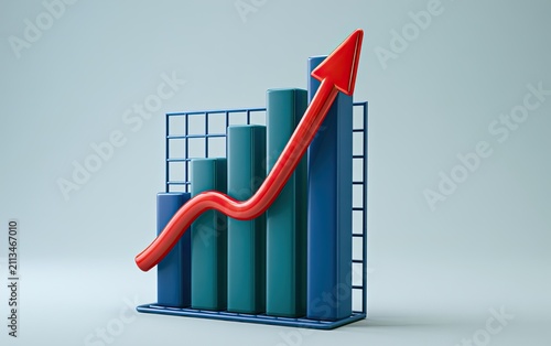 3D bar graph with rising red arrow indicating upward trend on light blue background