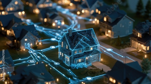 Digital smart grid connecting illuminated houses with futuristic glowing lines