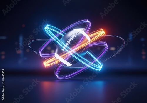American football floating with bright neon light effects on dark.