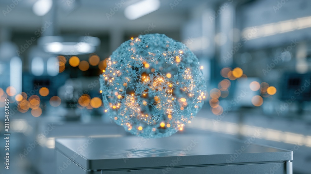 Fototapeta premium Glowing microscopic particle suspended in a research laboratory setting
