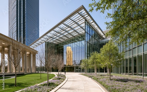 Modern glass architecture with classical columns and green landscaping