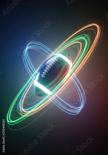 American football with orange and green neon light trails.