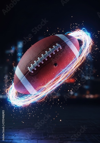 American football with red and blue neon energy trails.