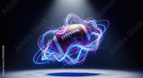 American football with trailing blue neon light paths.