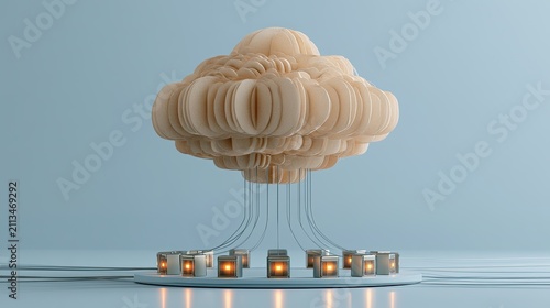Abstract, layered cloud-like structure emitting light from connected glowing nodes
