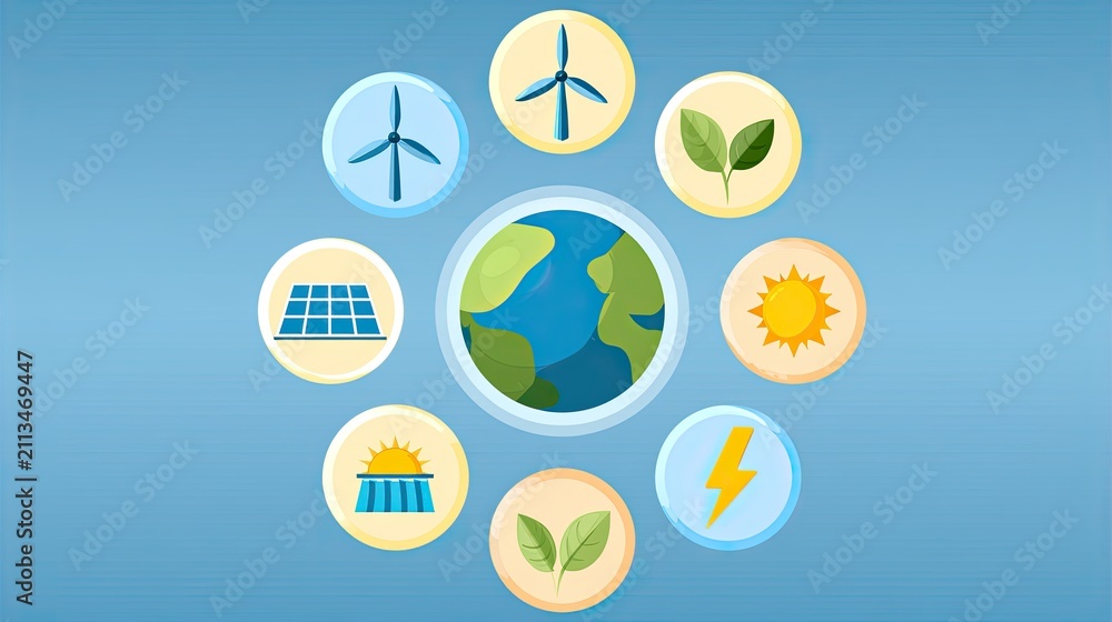 Fototapeta premium Planet Earth surrounded by renewable energy sources, symbolizing clean power