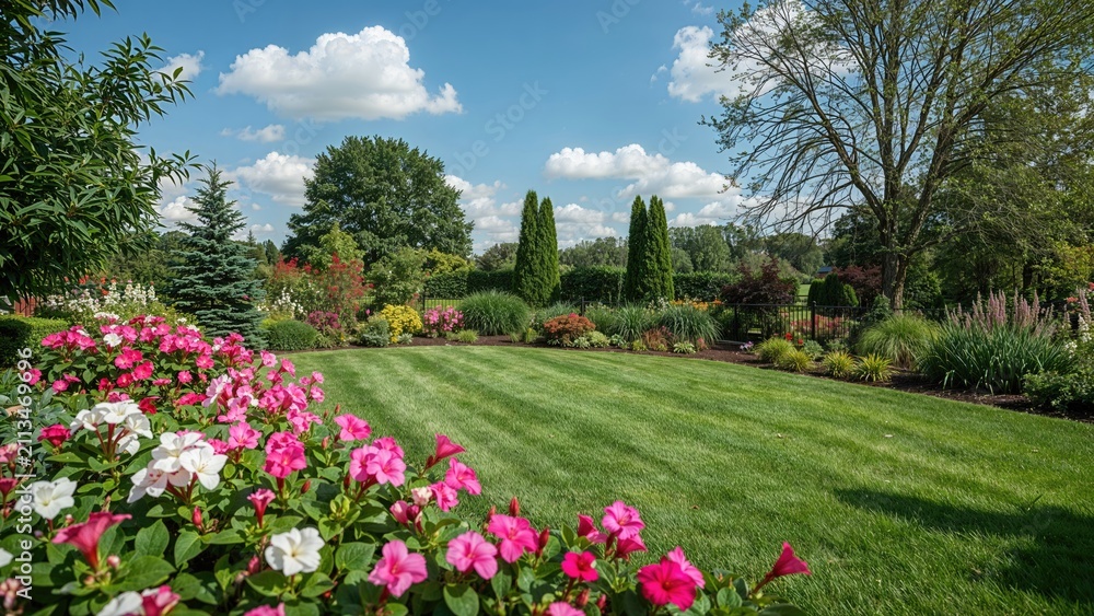 Obraz premium Beautiful home garden in full bloom with vibrant flowers and lush greenery.