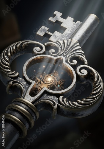 Antique key holding a glowing galaxy and nebula.