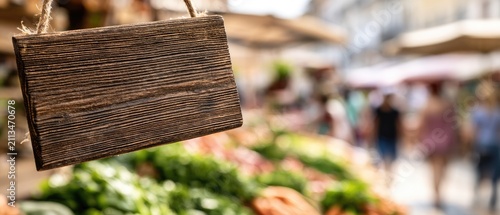Blank wooden sign hangs at an outdoor market, with produce and blurred people