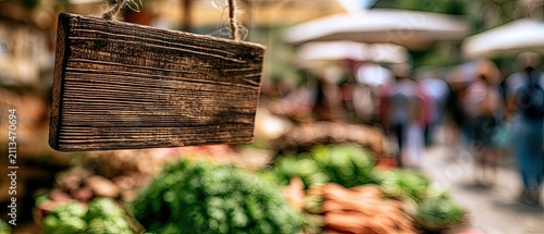 Rustic wooden sign hangs above fresh produce at a busy outdoor market