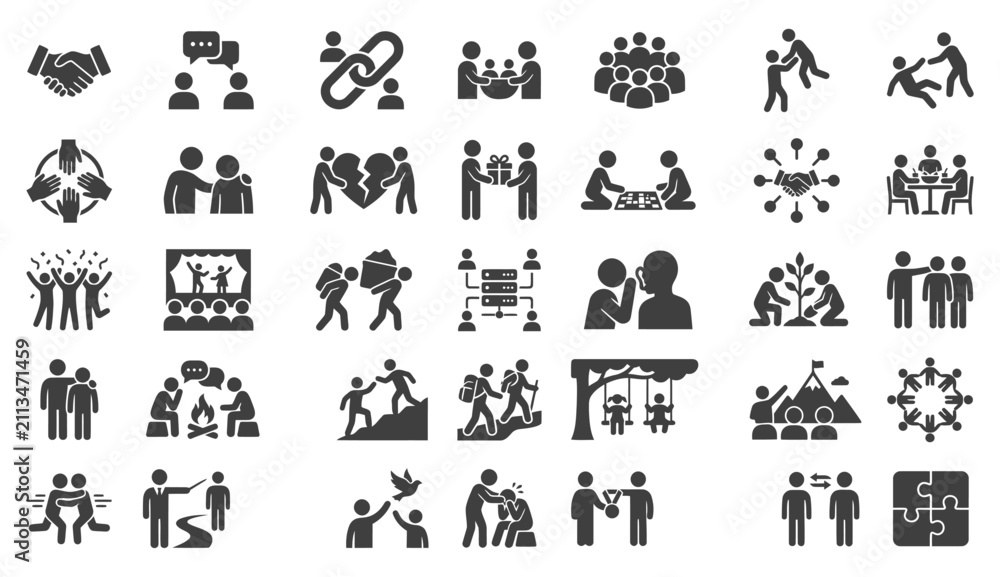 Fototapeta premium A comprehensive collection of black and white vector icons representing various business relationships teamwork collaboration professional networking and corporate communication concepts for design