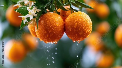 Fresh, juicy citrus fruits hang from a tree branch, glistening with water droplets