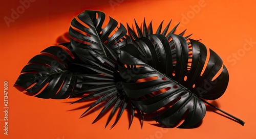 Artistic black tropical leaves arrangement on bright orange surface.