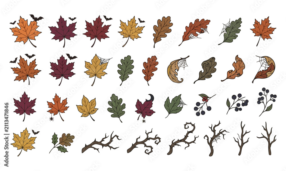 Obraz premium Set of colorful autumn leaves with bats and spider webs vector art