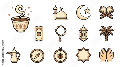 Collection of Ramadan Kareem and Islamic tradition icons.