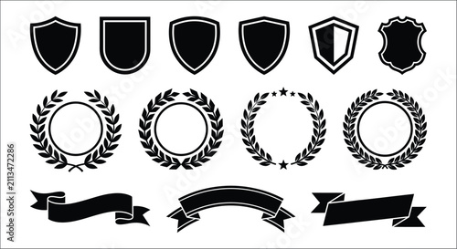Fotografía Collection Of Black Shield Shapes Laurel Wreaths And Ribbons On A White Backgrou