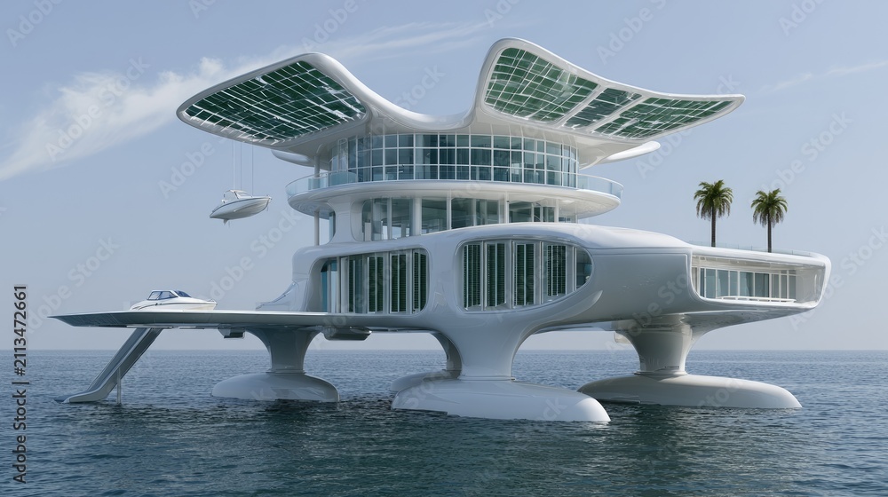 Obraz premium Futuristic floating dwelling with solar panels and modern yachts