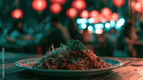 Close-up food photography, Asian noodles served on a patterned plate with blurred lights background