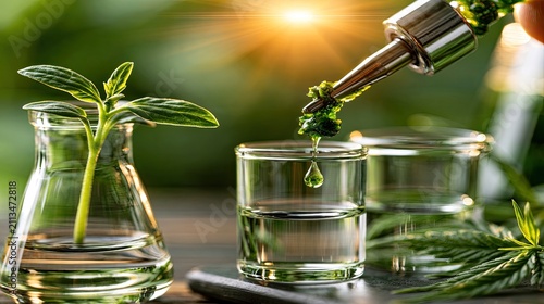 Liquid extraction of plant essence in scientific lab glassware