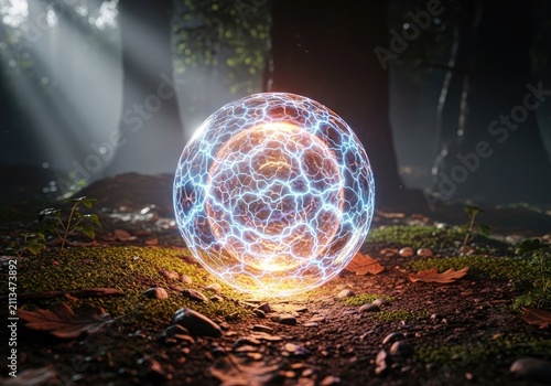 Bi-color glowing energy orb in forest with sun rays.