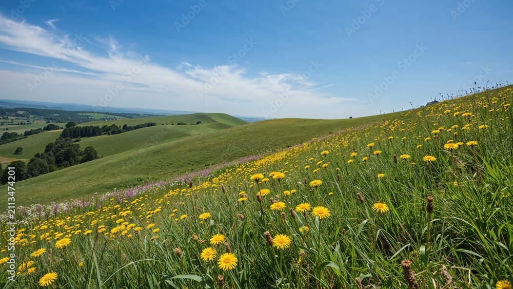 Fototapeta premium Green rolling hills with yellow dandelions, blue sky with scattered clouds, a peaceful countryside landscape, lush grass, and distant trees.