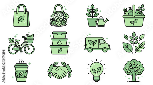 Environmental sustainability and green living line icon collection