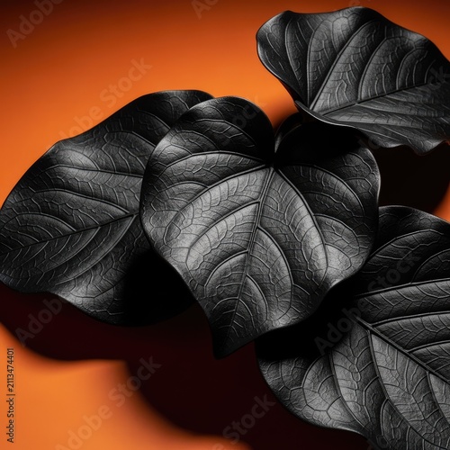 Black leaves with white veins on orange background.