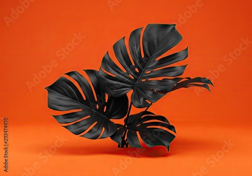 Black monstera leaf arrangement on solid orange background.