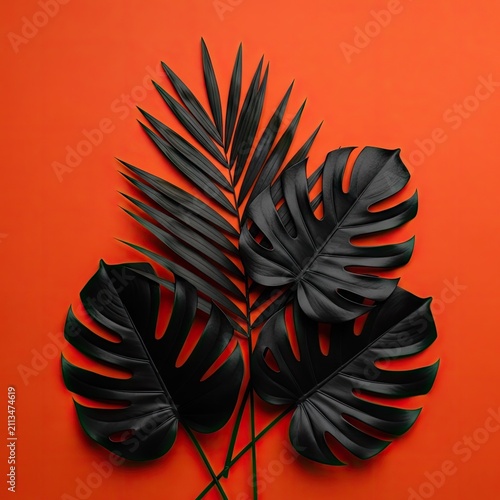 Black tropical monstera and palm leaves on orange background.