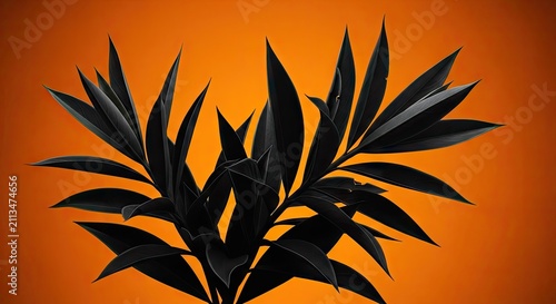 Black tropical plant leaves symmetrical on orange background.