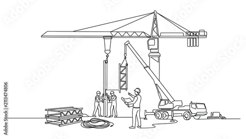Construction site workers and cranes in line art style.