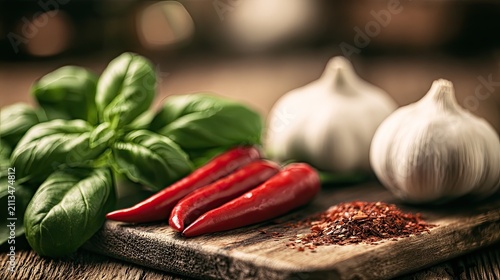 Fresh basil, vibrant red chilies, garlic bulbs, and chili flakes on wood