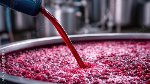 Rich crimson liquid streams into a vat brimming with crushed, vibrant red berries