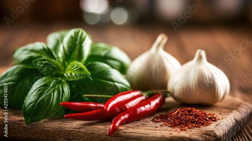 Fresh basil, chili peppers, garlic bulbs, and flakes on wooden board