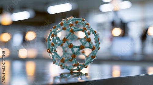 A 3D rendered molecular structure with teal bars and orange nodes