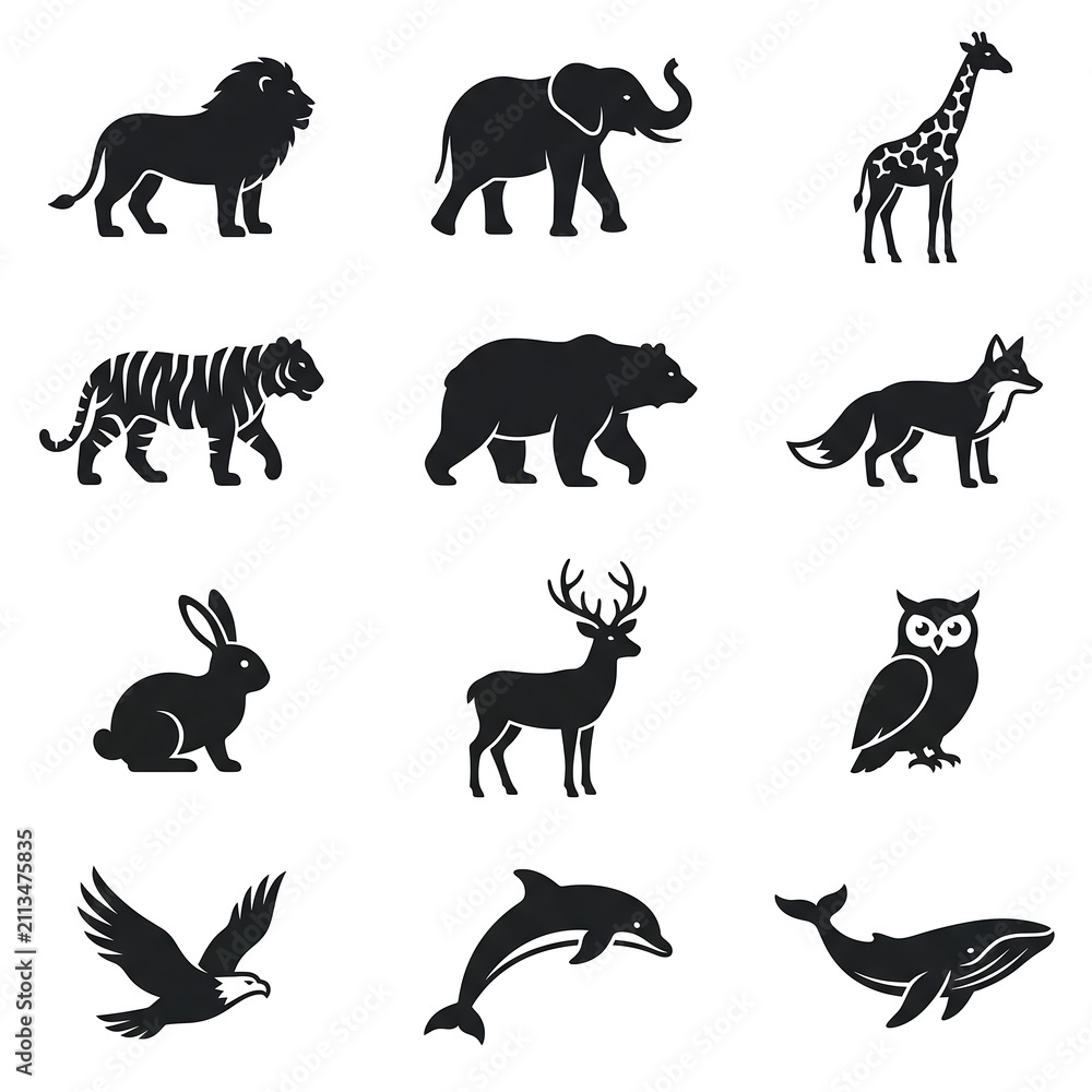 Obraz premium Minimalist animal silhouette collection featuring lion elephant giraffe tiger bear fox rabbit deer owl eagle dolphin and whale vectors.