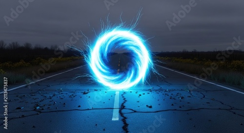 Blue teleportation portal on a dark country road.