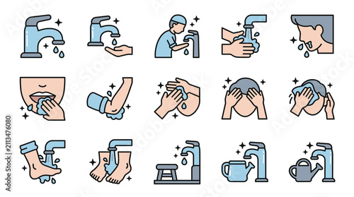 Quadro su tela Islamic wudu and ritual washing line icon set.