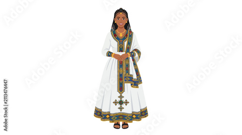 Ethiopian Woman in Traditional White Dress with Ornate Embroidery and Scarf