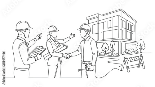 Continuous line drawing of construction professionals shaking hands at a building site.